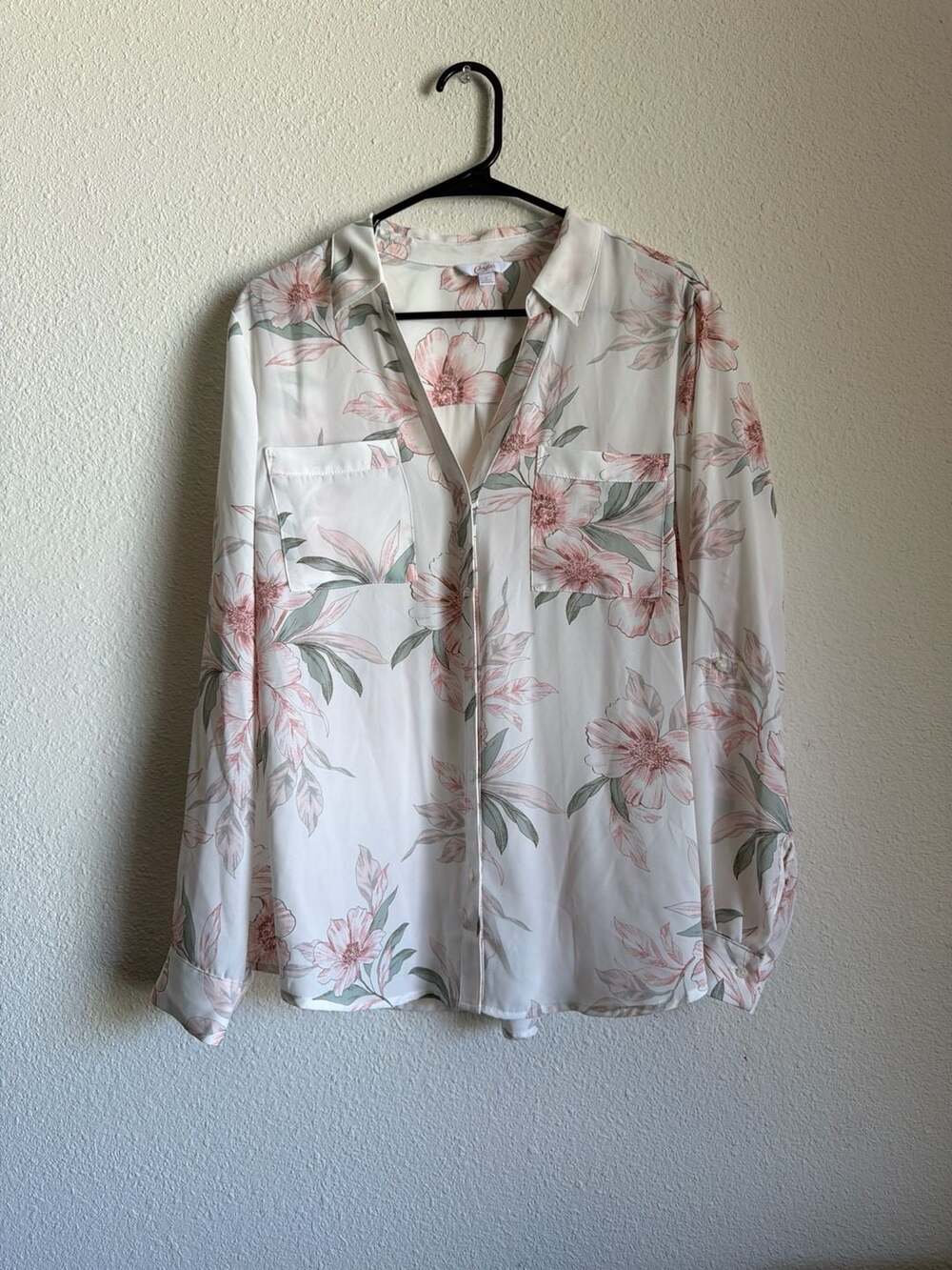Candie's Floral Long Sleeve Button Down Blouse with Pockets, Size L